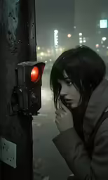 a young girl looks up at the camera in a darkened place