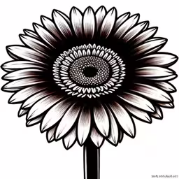 a sunflower with a white background and black lines,a drawing of a flower with an intricate center,a sunflower drawing with black and white ink,a drawing of a sunflower,a flower is shown with the center in a circle