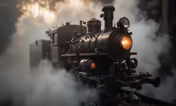 steam rises from the front of a locomotive engine as it smokes
