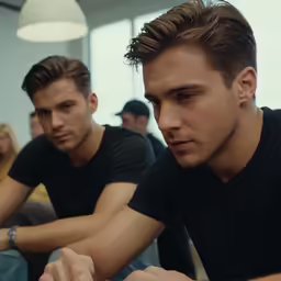 one guy sitting in a group next to another one sitting in front of his