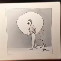 drawing of a woman standing on the stage and her dog looking at the stage