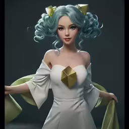 an animated rendering of a woman wearing a wig and blue hair with a large gold collar around her neck