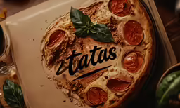 a pizza with a message on top, sitting on a table