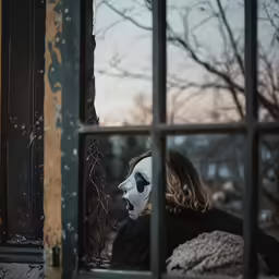 a woman looking out of the window at a scary character