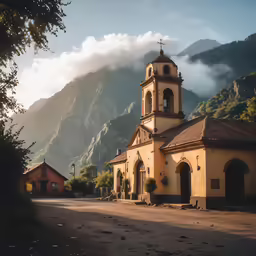 an old yellow church sitting on a street