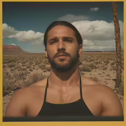 a person is posing for a picture with a sky background