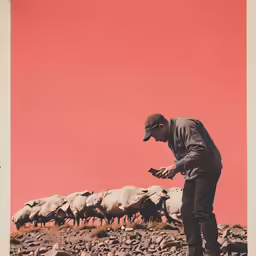 a man on a field with sheep and a red wall