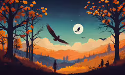 a painting of an eagle soaring above a forest at night,a painting shows a tree with leaves and an eagle