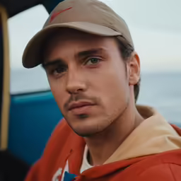 a close up of a person in a hat near the ocean
