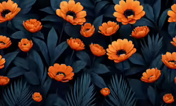 many large orange flowers with leaves behind it