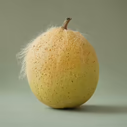 an orange with white speckles is sitting on the table