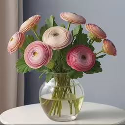 a close up of some flowers in a vase,large, pink flowers are in a vase on a small table,a vase full of flowers on a table,the bouquet of flowers in the vase is ready to be finished,the vase on the table has many flowers in it