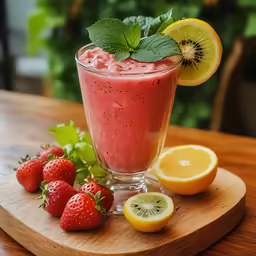a close up of a fruit shake with a slice of lemon and strawberry