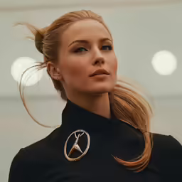 a woman standing looking at the distance with blonde hair in her ponytail