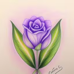 colored pencil drawing of a purple rose and green leaves,a rose that has been colored and is on paper