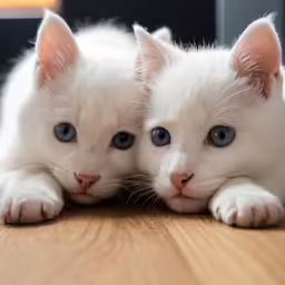two white kittens with blue eyes laying on the floor