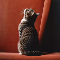 a tabby cat is sitting on a red chair