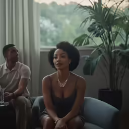 a man sitting behind a woman on a blue chair