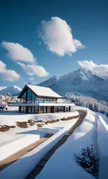a house in the snow with some mountains behind it