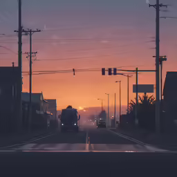 traffic passing through a town at sunset with street signs and power lines above