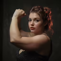a woman with long hair flexing her arm