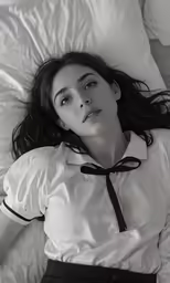 a woman with a bow tie laying in a bed