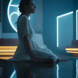 a woman sits in a room with blue lights