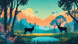 two deer stand in the distance of a green landscape,two deer stand together near a watering hole in a forest