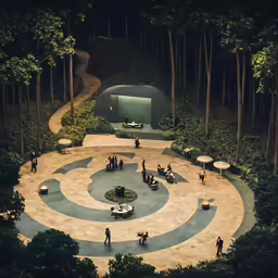 a circular area in the middle of trees with a group of people