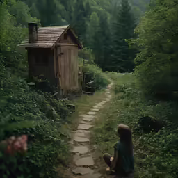 the little girl is sitting down on the path to a small cabin