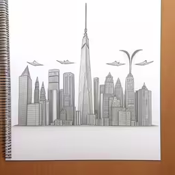 a drawing of birds flying in front of a city,sketch on paper of a skyline with birds in flight