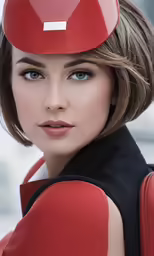 a woman in a red hat wearing a black dress