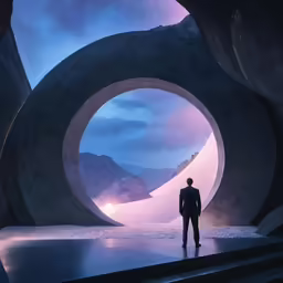 a man standing near an open space with mountains in the distance