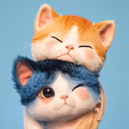 two stuffed toys are close together as one of them is lying its head on the other