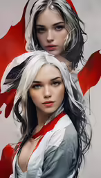 two females with long white hair, wearing red and white