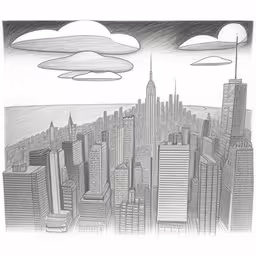 a city drawing that has a skyscraper in the distance,city scene with skyscrapers in pencil