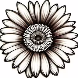 a flower with a big round center,a flower with a white background,a flower drawn in black and white on paper,a drawing of a sunflower with large petals,an ornate sunflower is drawn in black and white