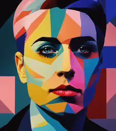 an image of a person with multi colored lines on their face,the woman in the colorful picture is wearing bright makeup