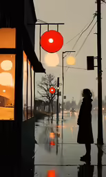 a woman walking down the street at dusk
