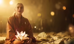 a woman with a candle sitting on a bed