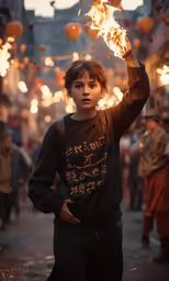 a man holds up a flaming lit stick in the air
