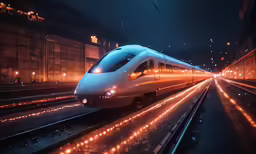 a high speed train travels through the city at night
