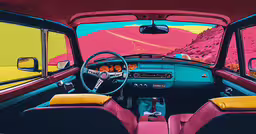 the inside of a colorful, restored and vintage car,an interior view of a classic car with red and yellow leather