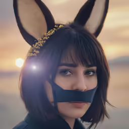 a girl wearing a rabbit mask and a night costume with a light shining on her