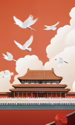 a bunch of birds flying over a building