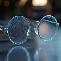 a pair of round glasses with water drops on them