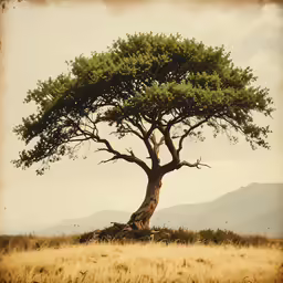 an old style tree on the plains with a sky background