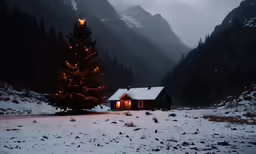 a cabin with lit christmas lights, snow and christmas trees