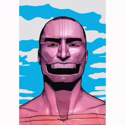 a drawing of a human head with teeth,a man in an orange shirt is wearing a mask