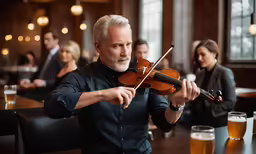 an older man holding a violin in front of people
